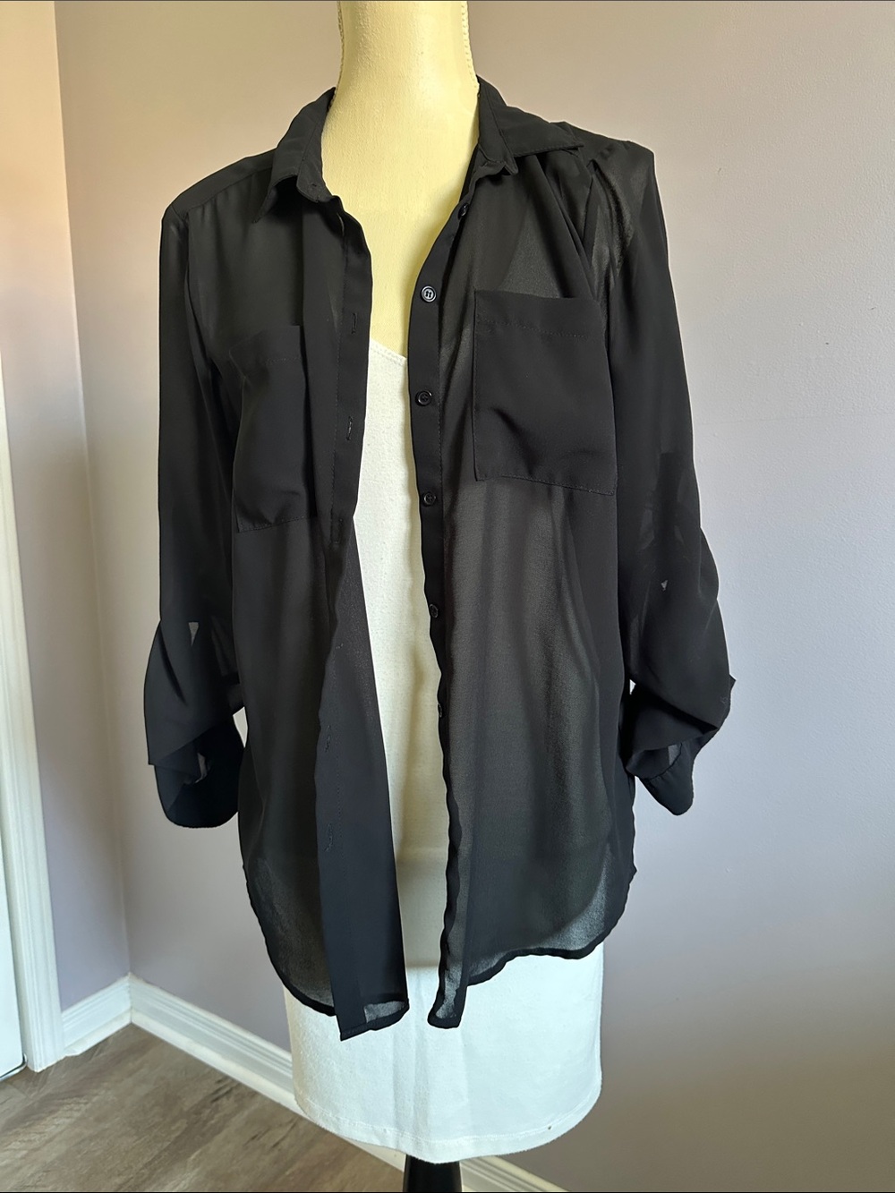 Black Sheer Button-Front Shirt